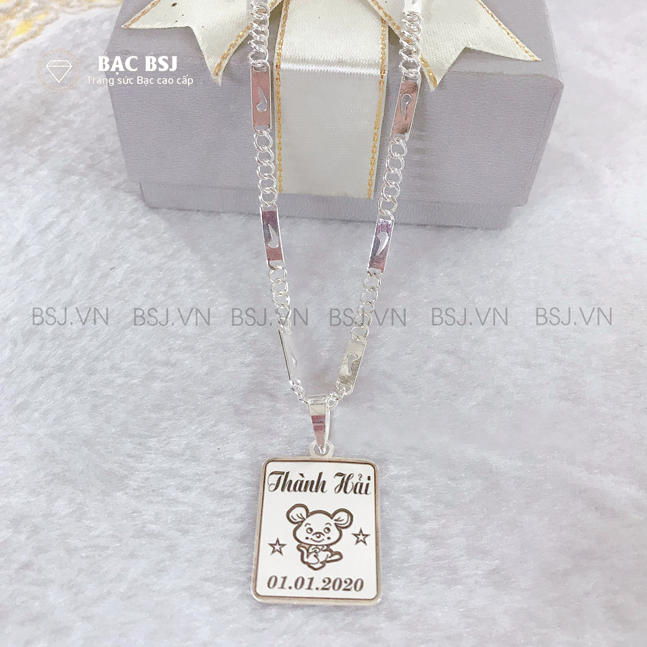 Dây chuyền bạc, vòng cổ bạc an toàn cho bé sơ sinh đến 5 tuổi. Mặt dây chuyền bạc khắc tên theo yêu cầu. Bạc BSJ
