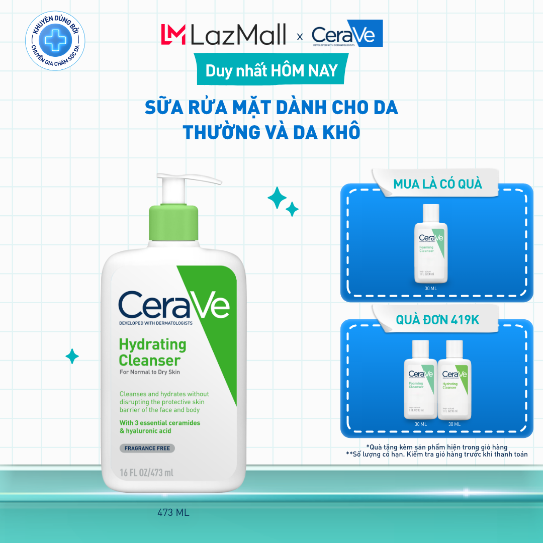 Sữa rửa mặt giúp làm sạch sâu và cấp ẩm dành cho da thường và da khô CeraVe Hydrating Cleanser 473ML