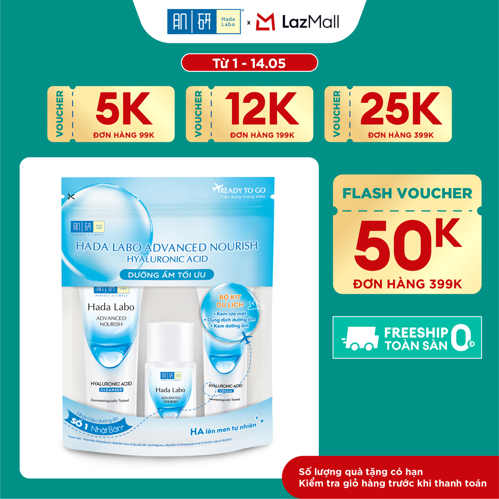 Bộ travel size dưỡng ẩm sâu Hada Labo Advanced Nourish Travel kit (Kem rửa mặt 15g + Dung dịch dưỡng 20ml + Kem dưỡng 12g)
