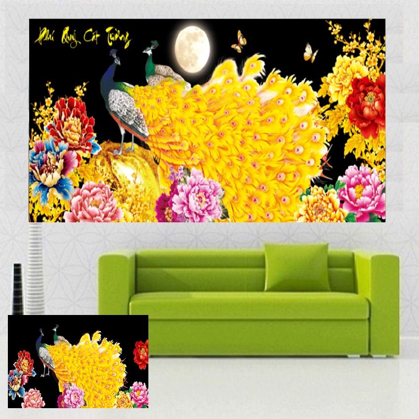 Tranh đính đá Chim công Phú quý cát tường LV170 106*50cm (TRANH TỰ ĐÍNH)