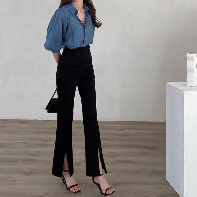 Quần ống loe xẻ tà cạp cao, quần loe xẻ gấu phong cách công sở