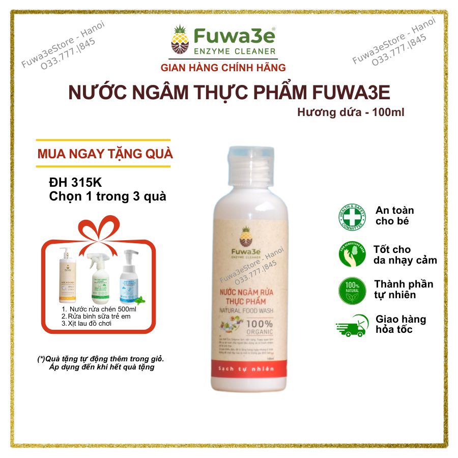Nước ngâm rửa thực phẩm Fuwa3E 100ml, nước enzyme rửa thực phẩm, loại bỏ TBVTV, chất bảo quản, khử tanh, hôi cho thực phẩm - Fuwa3e Store HaNoi