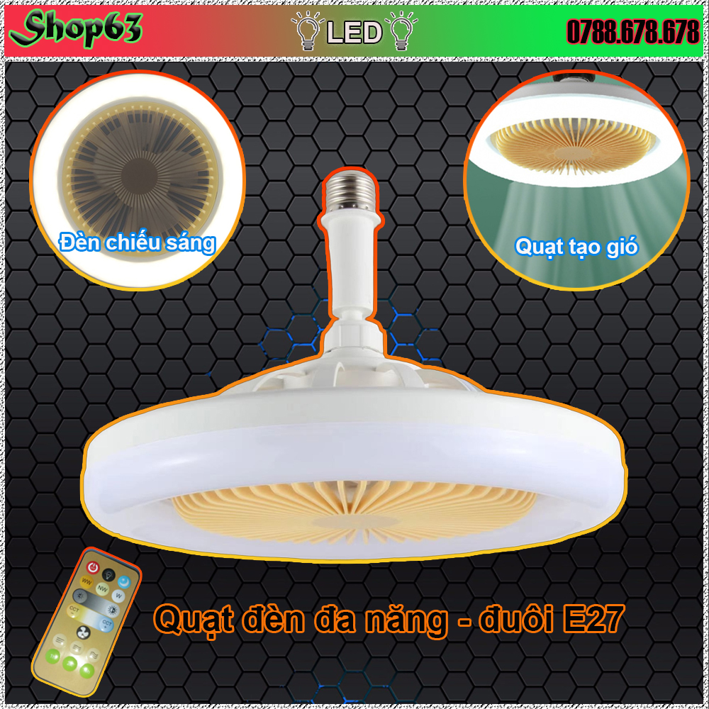 Quạt trần trang trí mini đuôi E27 tích hợp đèn LED 3 chế độ màu có thể điều chỉnh độ sáng (3 chế độ gió tiện lợi - động cơ DC hoạt động êm dịu trong phòng ngủ - có thanh nối tiện lợi khi gắn tường)