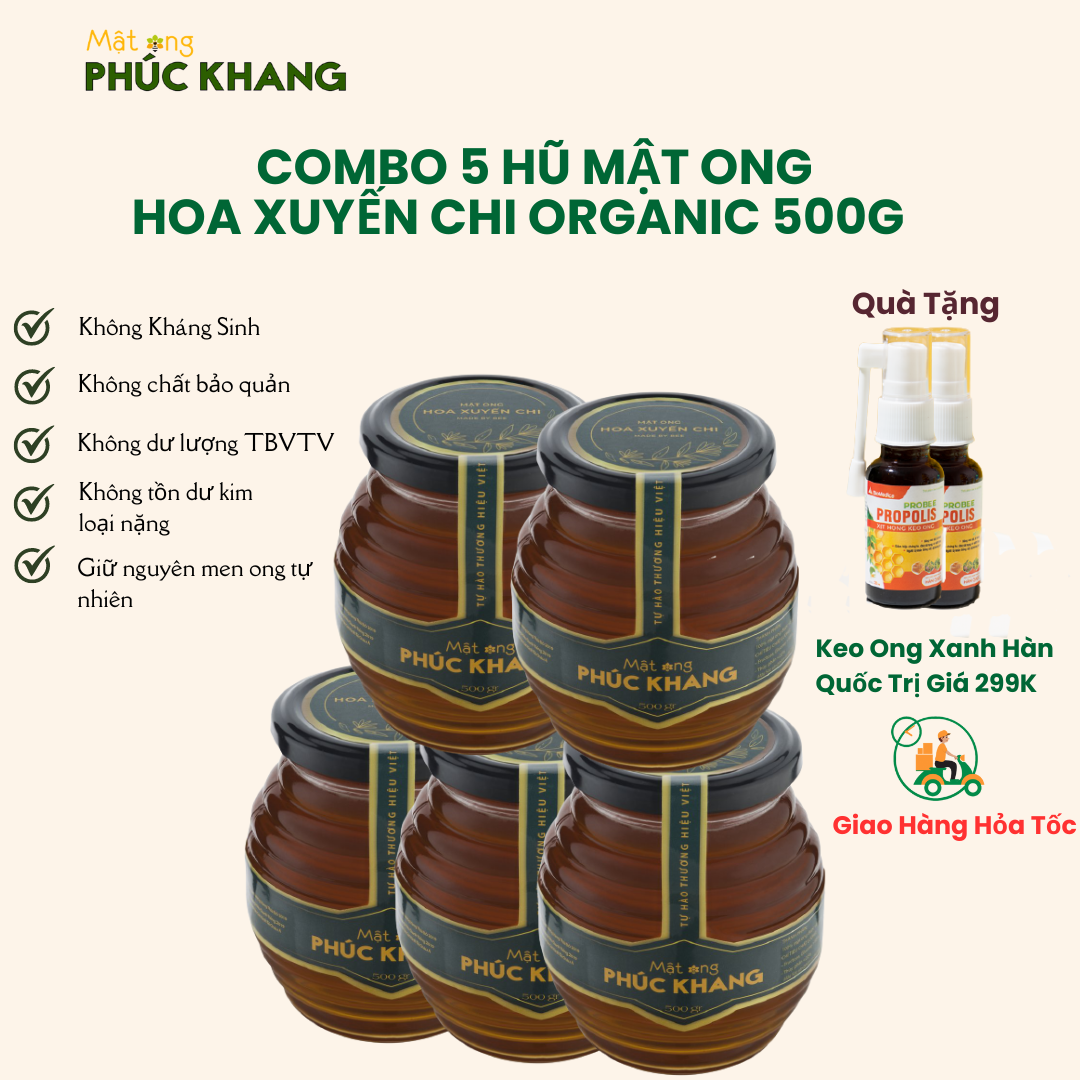 Combo 5 Hũ Mật ong hoa Xuyến chi Phúc Khang cao cấp 500g/hũ - Nguyên chất từ thiên nhiên - Giảm ho, viêm họng, tăng sức đề kháng, bồi bổ cơ thể