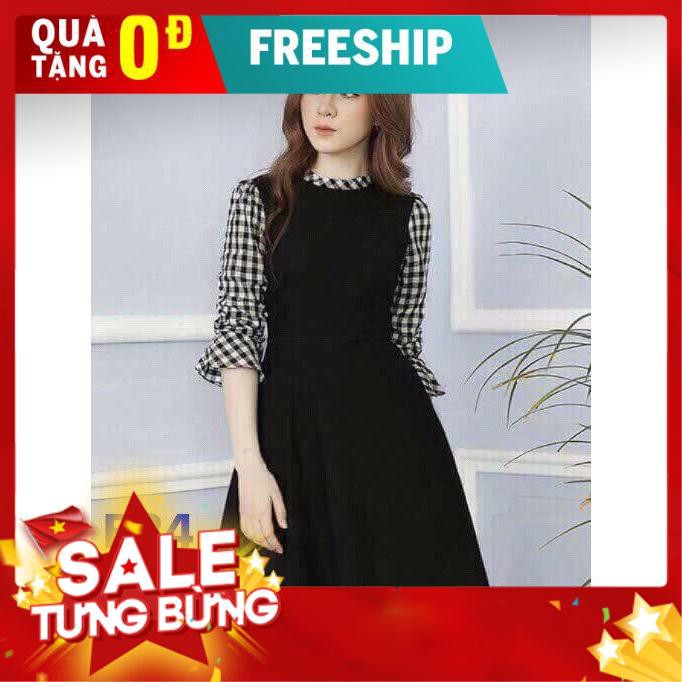 Đầm xòe thun cao cấp phối tay caro dễ thương - b24