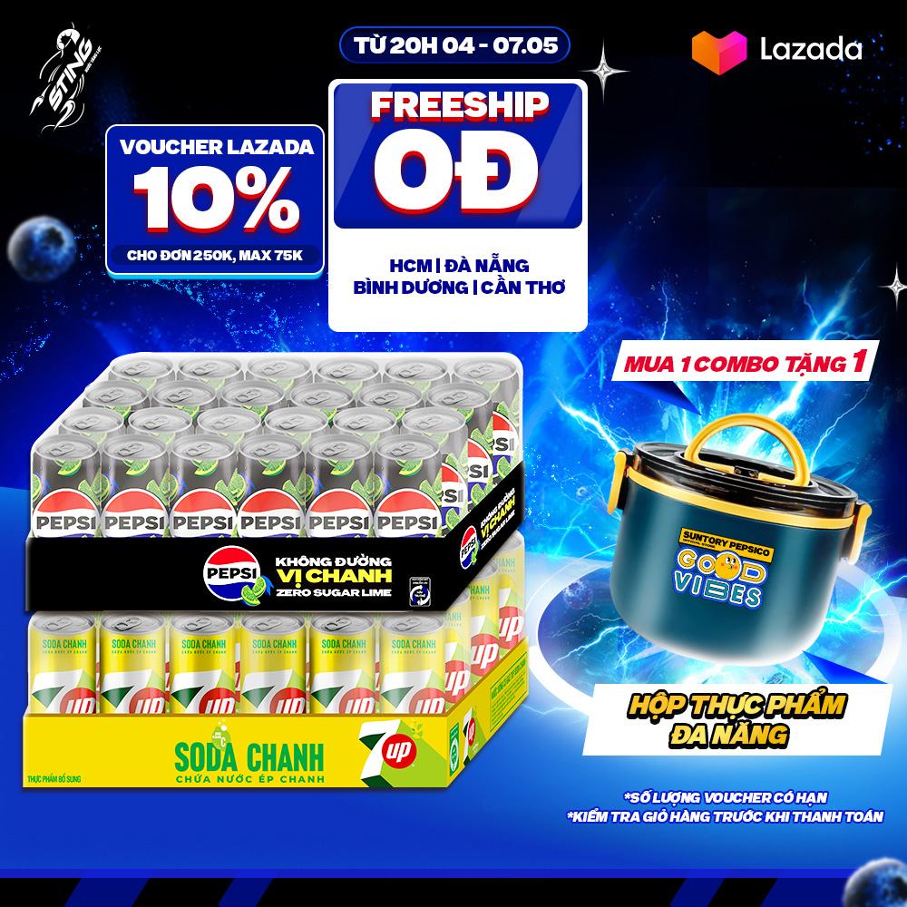 [SALE 5/5] Combo 2 Thùng 24 Lon Pepsi Vị Chanh Không Calo và 7UP Soda Chanh Không Calo (320ml/lon)