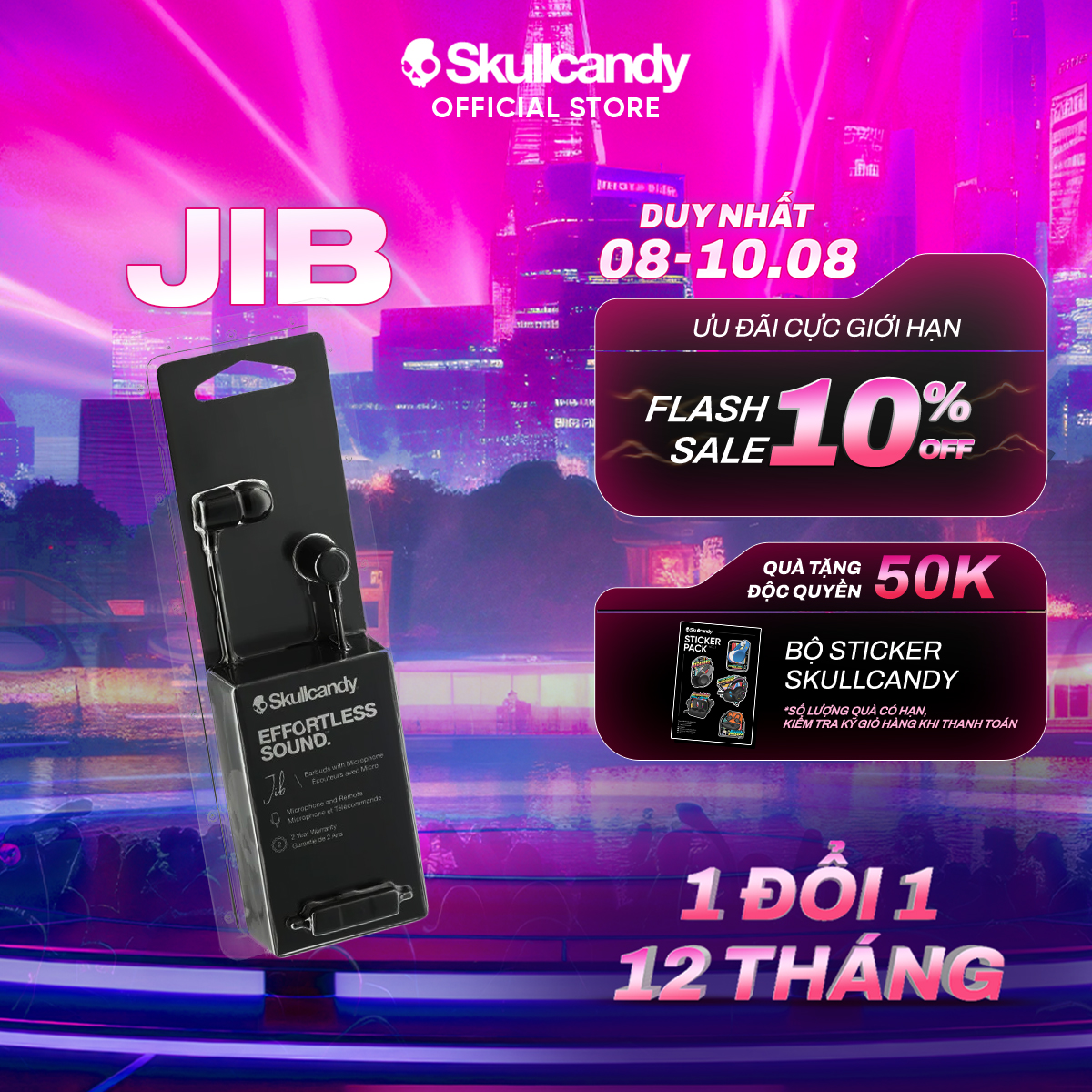 [THƯƠNG HIỆU MỸ] Tai nghe có dây mic nhét tai, jack cắm 3.5mm, bass Skullcandy JIB In-Ear  - BẢO HÀNH 1 NĂM