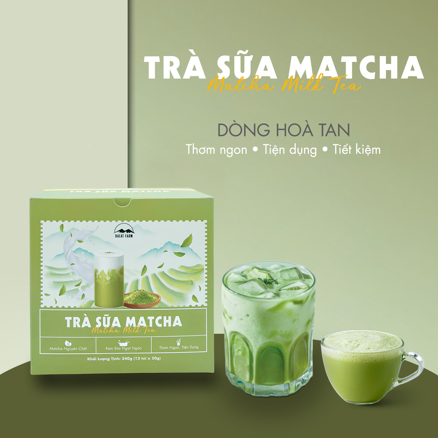  Trà Sữa Matcha Latte DalatFarm - Hộp 240g  12 túi x 20g  