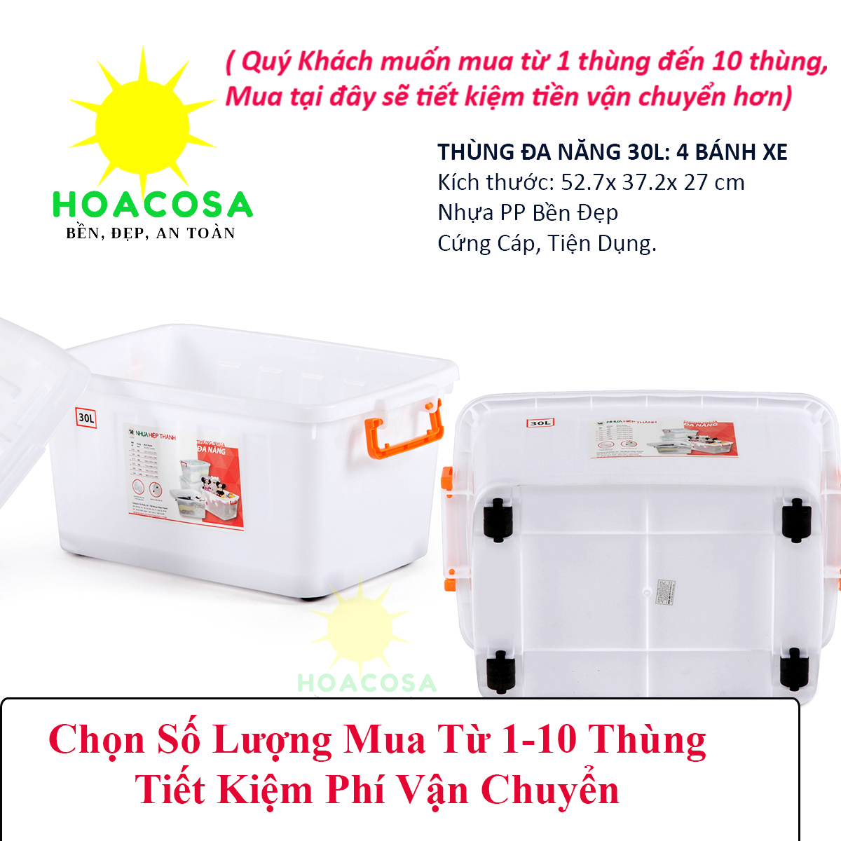 Từ 1- 10 Thùng Nhựa Đựng Đồ Đa Năng 30L (30 Lít) Có 4 Bánh Xe Nhựa Hiệp Thành -Cứng Cáp, Bền, Tiện Dụng- Đồ Gia Dụng Hoacosa.