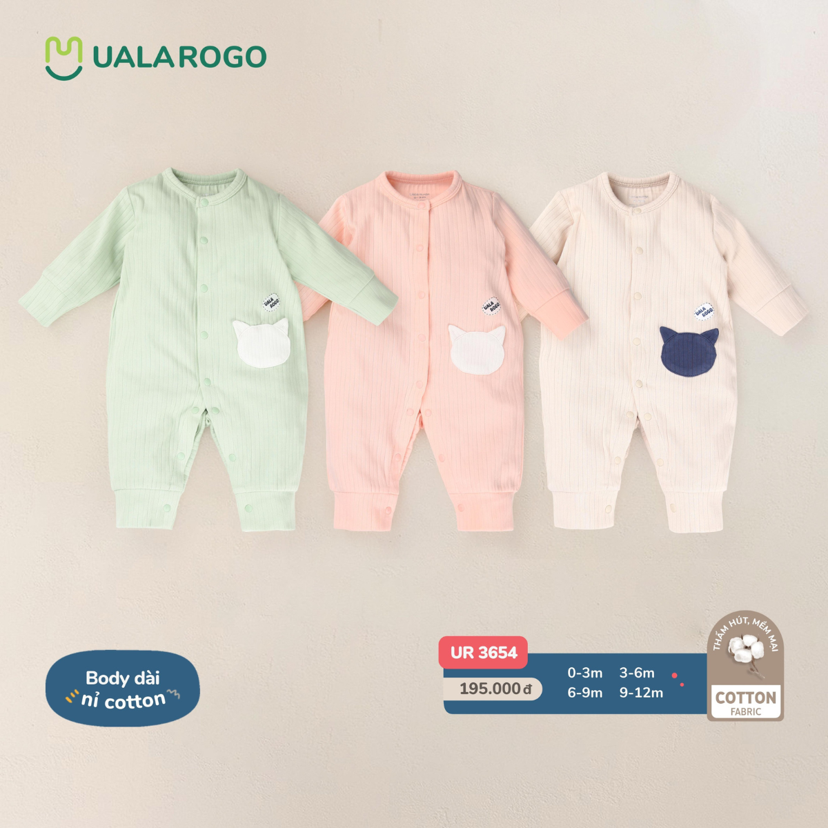 Bộ Bodysuit sơ sinh cho bé Ualarogo newborn 0-12 tháng vải Cotton 3654