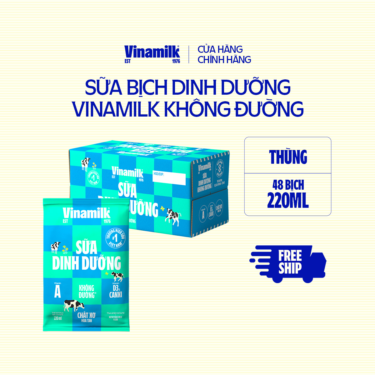 Thùng 48 Bịch Sữa Dinh Dưỡng Vinamilk không đường 220ml