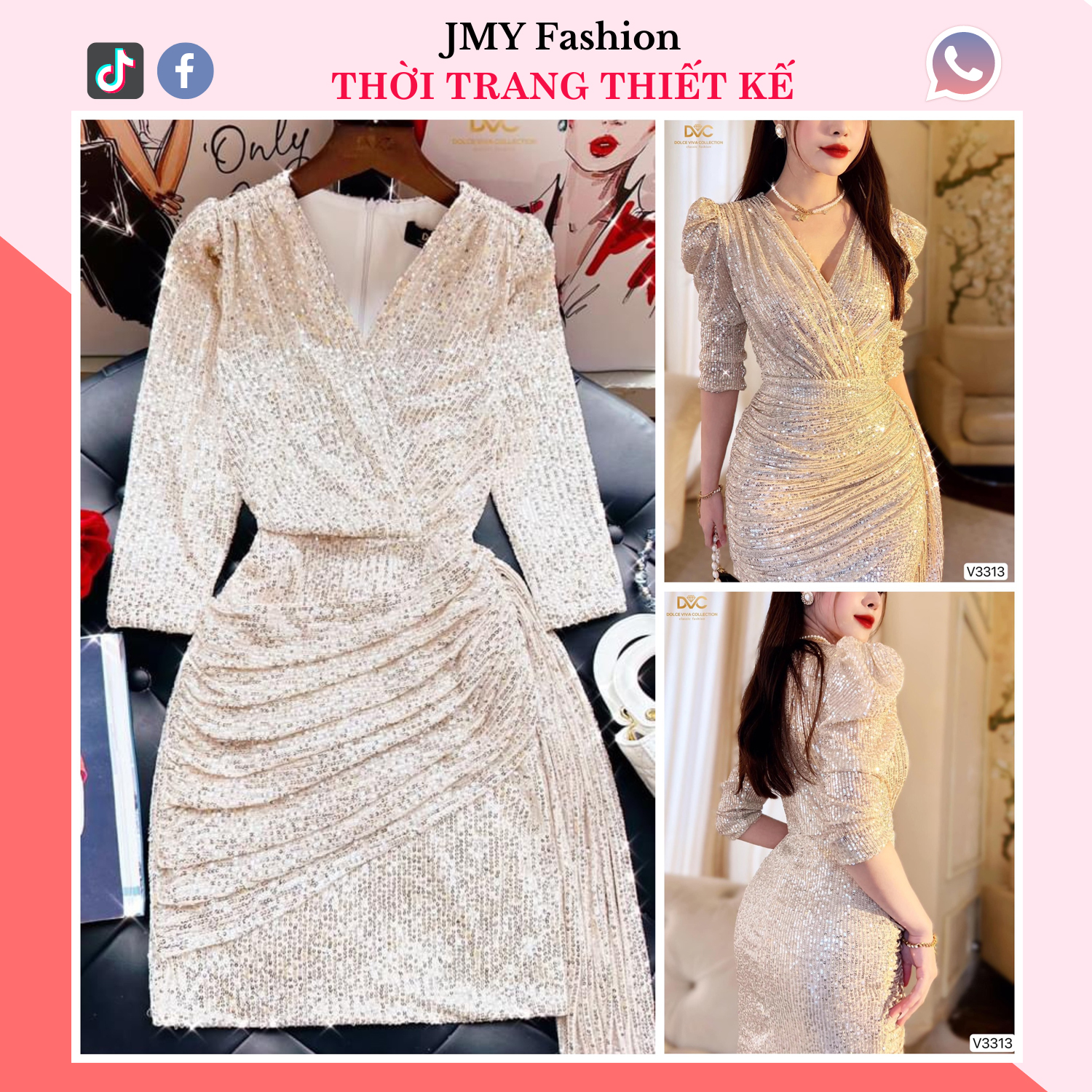 V3313 Váy đầm body kimsa ánh bạc váy body dáng ngắn cổ V tay lỡ