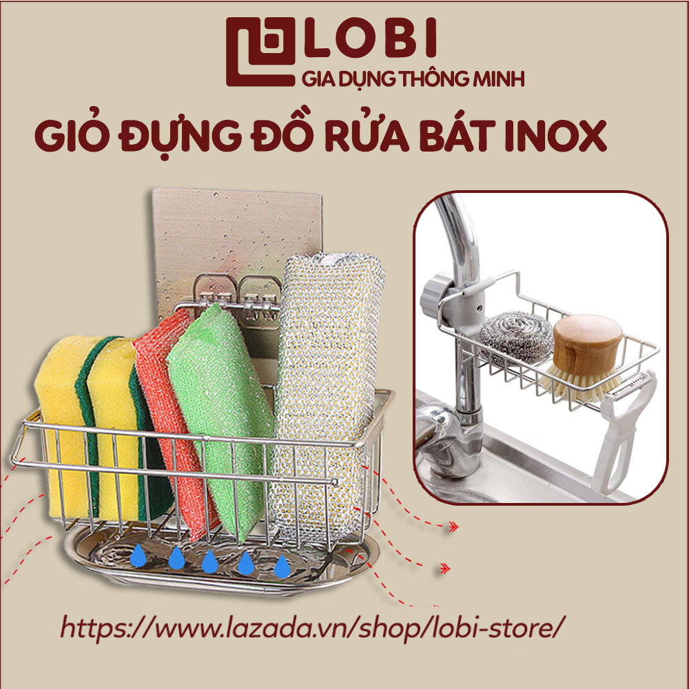 Giỏ inox đựng đồ rửa bát Giá kệ để giẻ rửa bát đồ bồn rửa bát tiện lợi Lobi Store