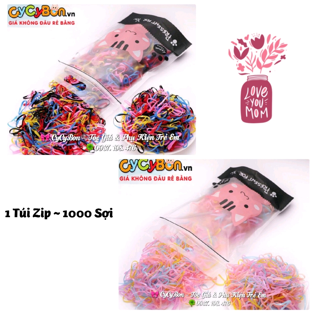 Bịch thun cột tóc cho bé gái nhiều màu khoảng 1000 sợi 1 túi zip thun mềm co giãn