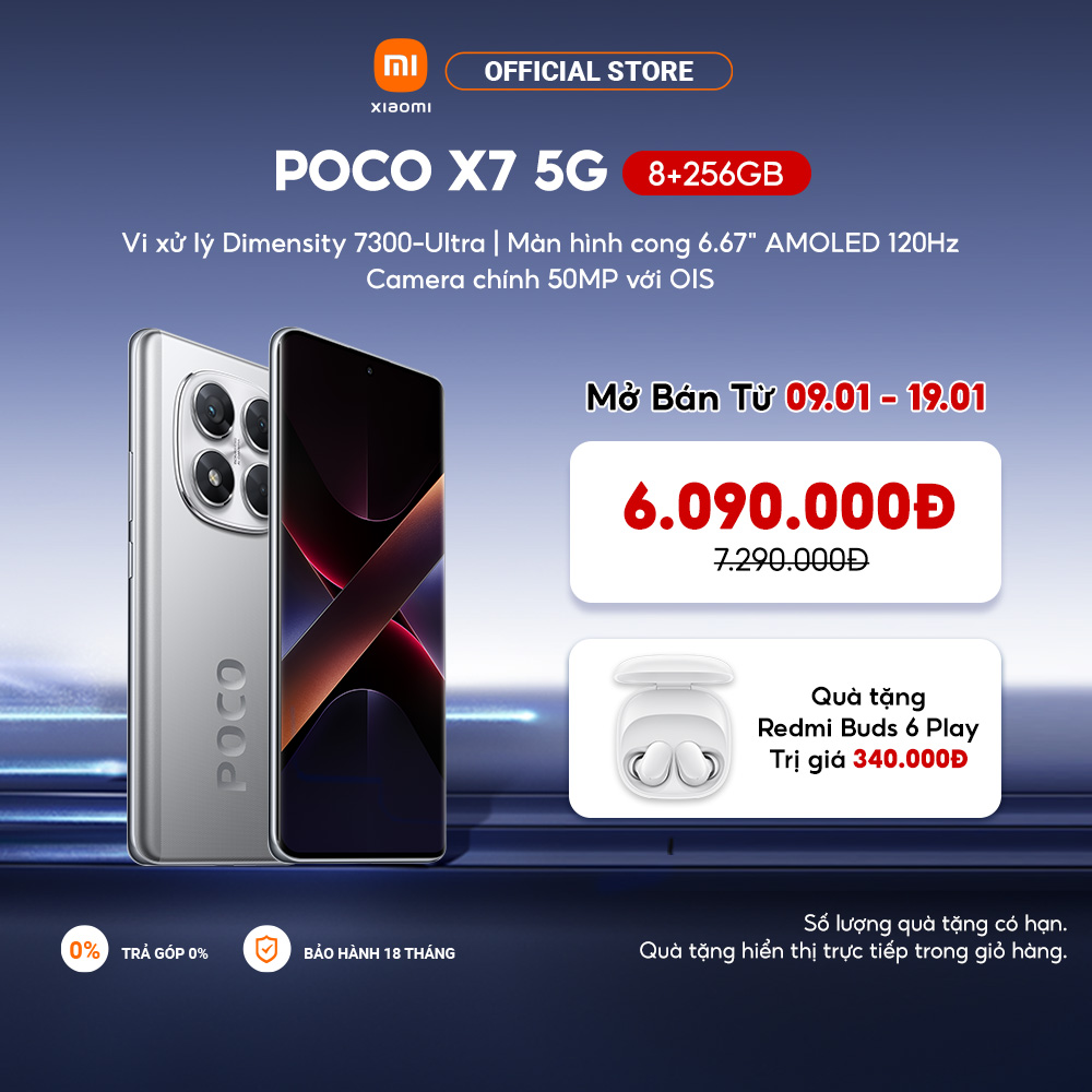 Điện thoại thông minh POCO X7 5G (8+256GB) | Màn hình 120Hz AMOLED Viền cong | D7300-Ultra | Camera chính 50MP OIS | IP68