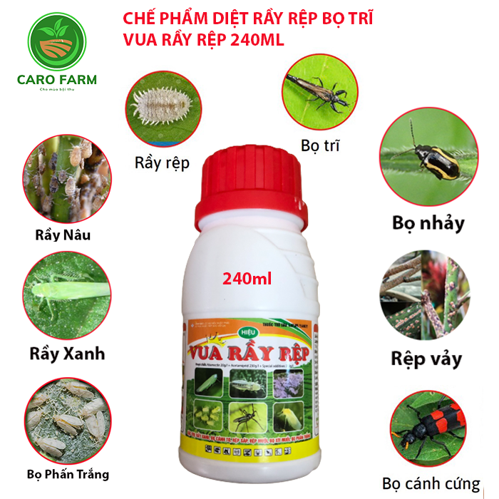 Thuốc diệt rầy xanh, rầy trắng, rầy nâu, rệp sáp, bọ trĩ, bọ nhảy, bọ cánh cứng hiệu vua rầy rệp 240ml pha 200 lít nước
