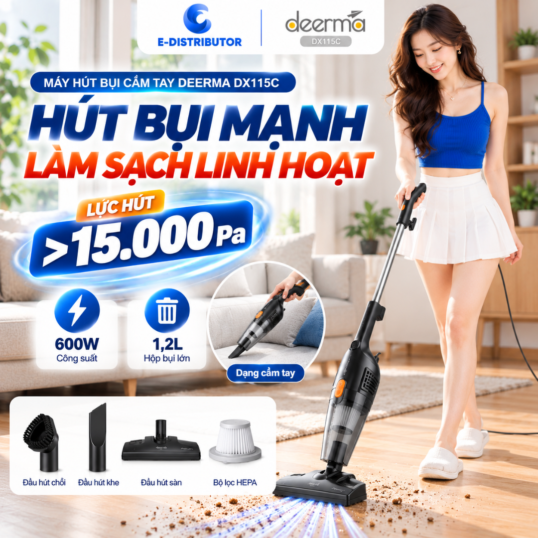 Deerma Dx115C 600W Handheld Vacuum Cleaner, Suction Power >15000Pa, 1.2L Dust Box, Hepa Filter, Pro Cyclone & Rocket Vacuum Technology
