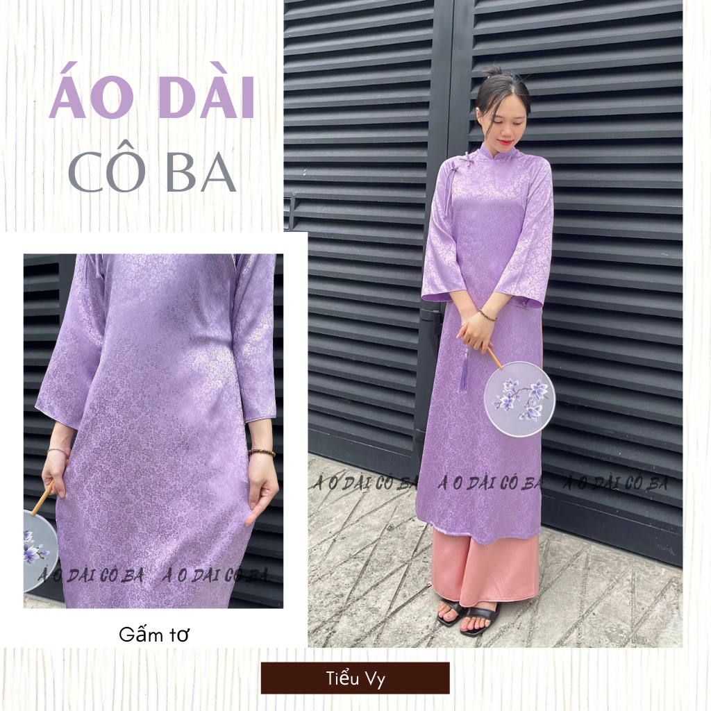 Áo dài cách tân dáng suông gấm tơ Tím nhẹ nhàng 2 tà cổ cao 2p,đính nơ cao cấp - Áo Dài Cô Ba