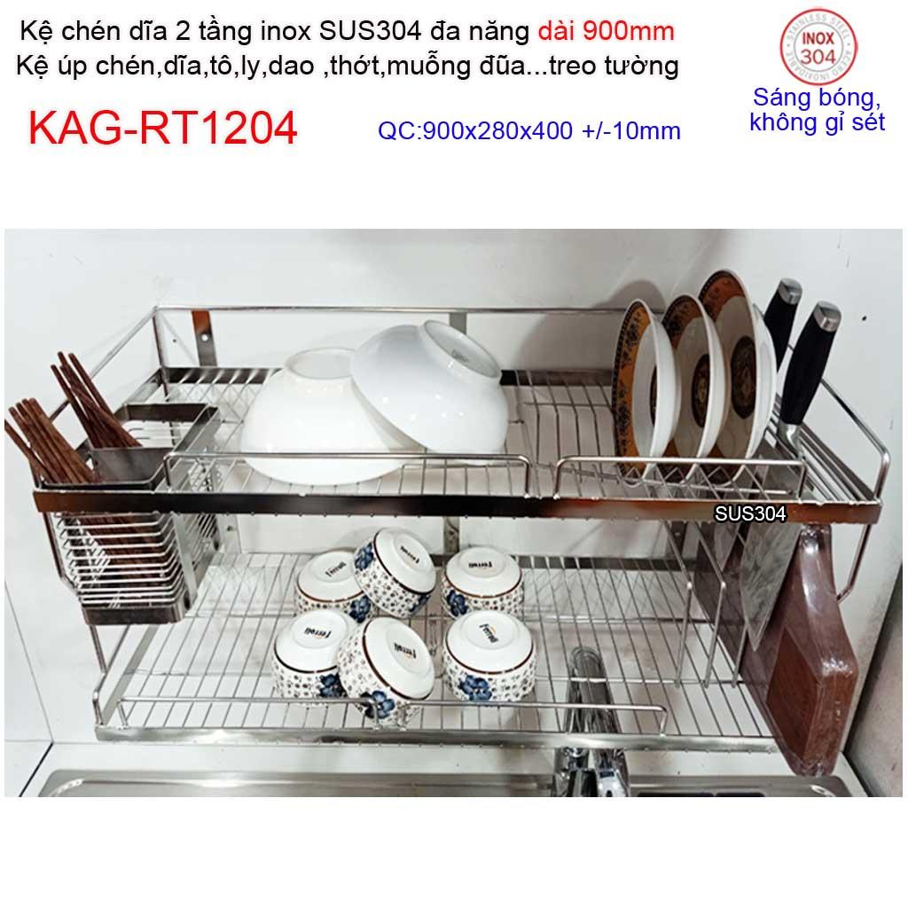 Kệ đựng chén bát 2 tầng 90cm đa năng inox 304, kệ chén dĩa 2 tầng inox Roca KAG-RT1204