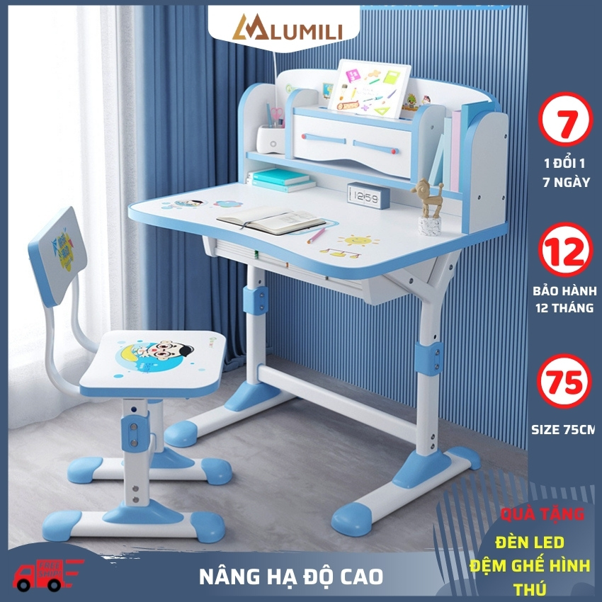 Bộ bàn học sinh Lumili D1 có giá sách chống gù chống cận, bàn học thông minh kèm kệ sách phù hợp cho học sinh tiểu học nâng hạ độ cao kệ sách lớn kèm hộc bàn