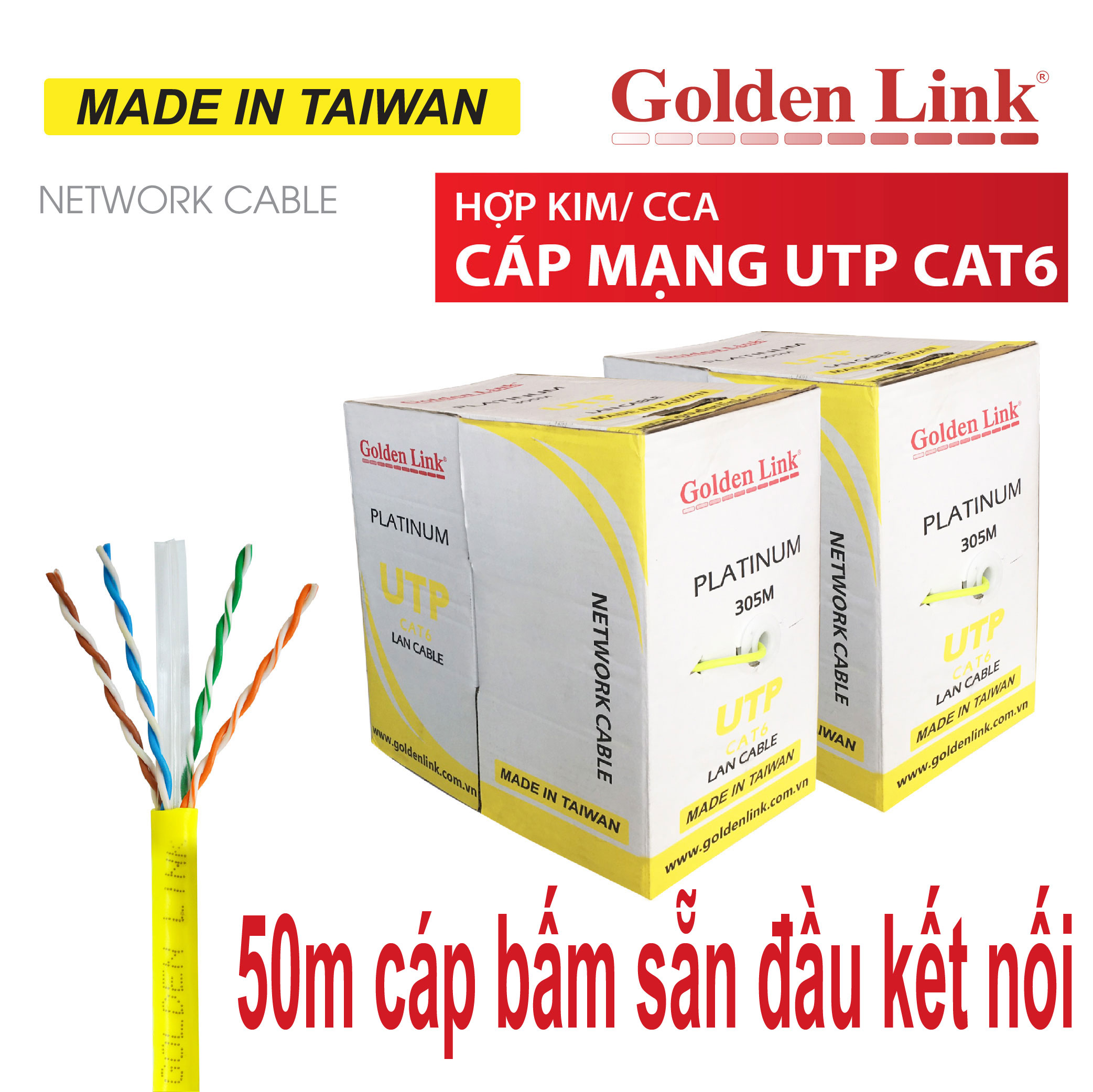 50m dây mạng golden link cat6 utp bấm sẵn 2 đầu - cáp mạng, cáp lan, dây lan, cáp internet