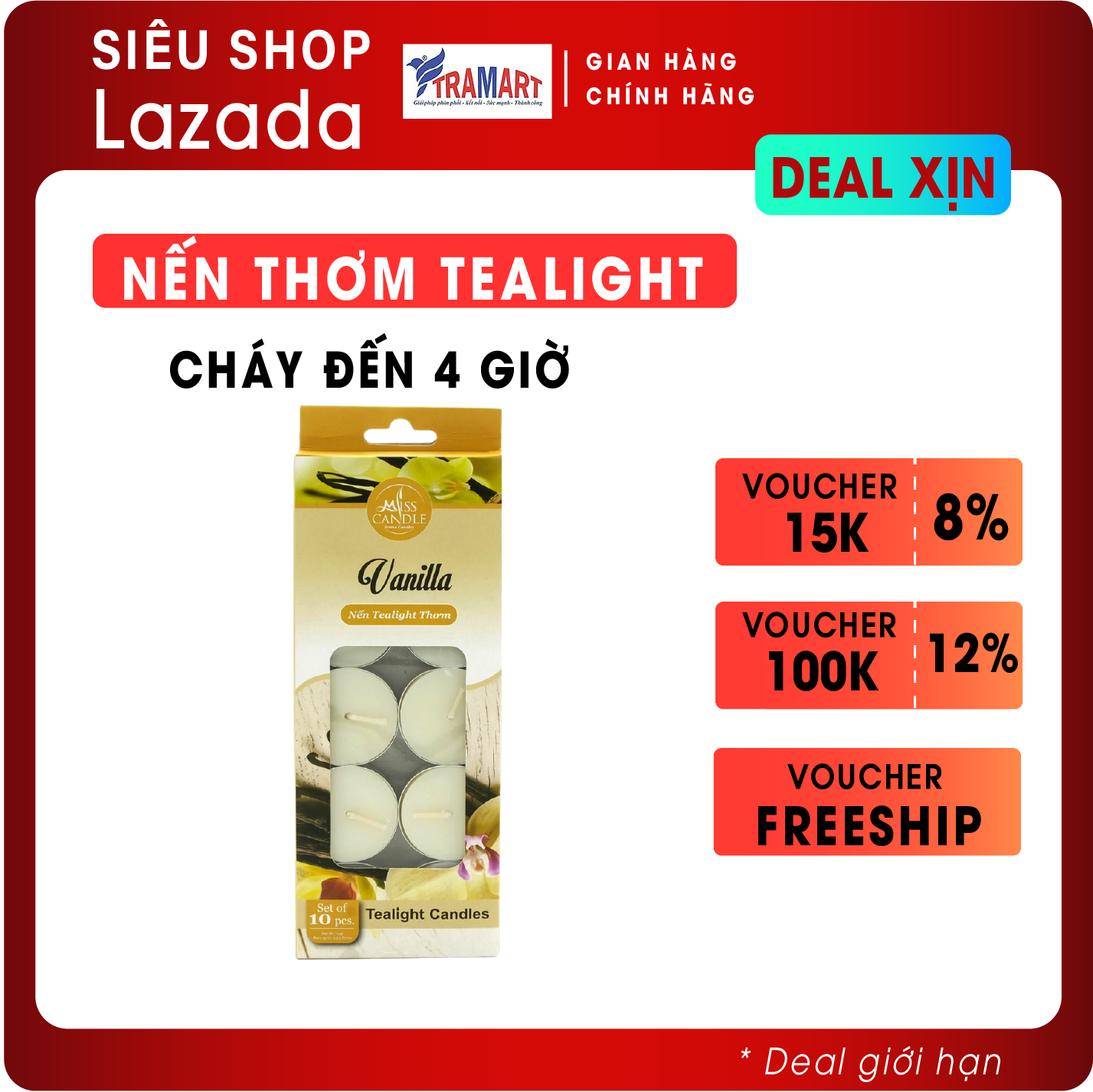 Nến thơm Tealight hộp 10 nến FtraMart EDC0368 Vanilla nến không khói chất liệu Sáp paraffin giúp xông Tinh Dầu Thơm Phòng và Trang Trí nhà cửa hoặc làm quà tặng.