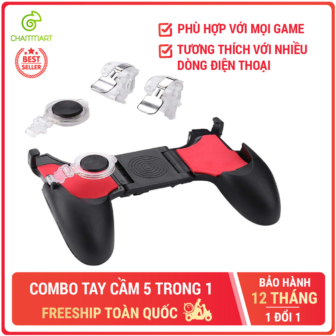 Combo tay cầm 5 trong 1 chơi game mobile Free Fire PUBG ROS làm mát máy Chammart Tương thích điện thoại từ 4.5 - 6.5 inch.