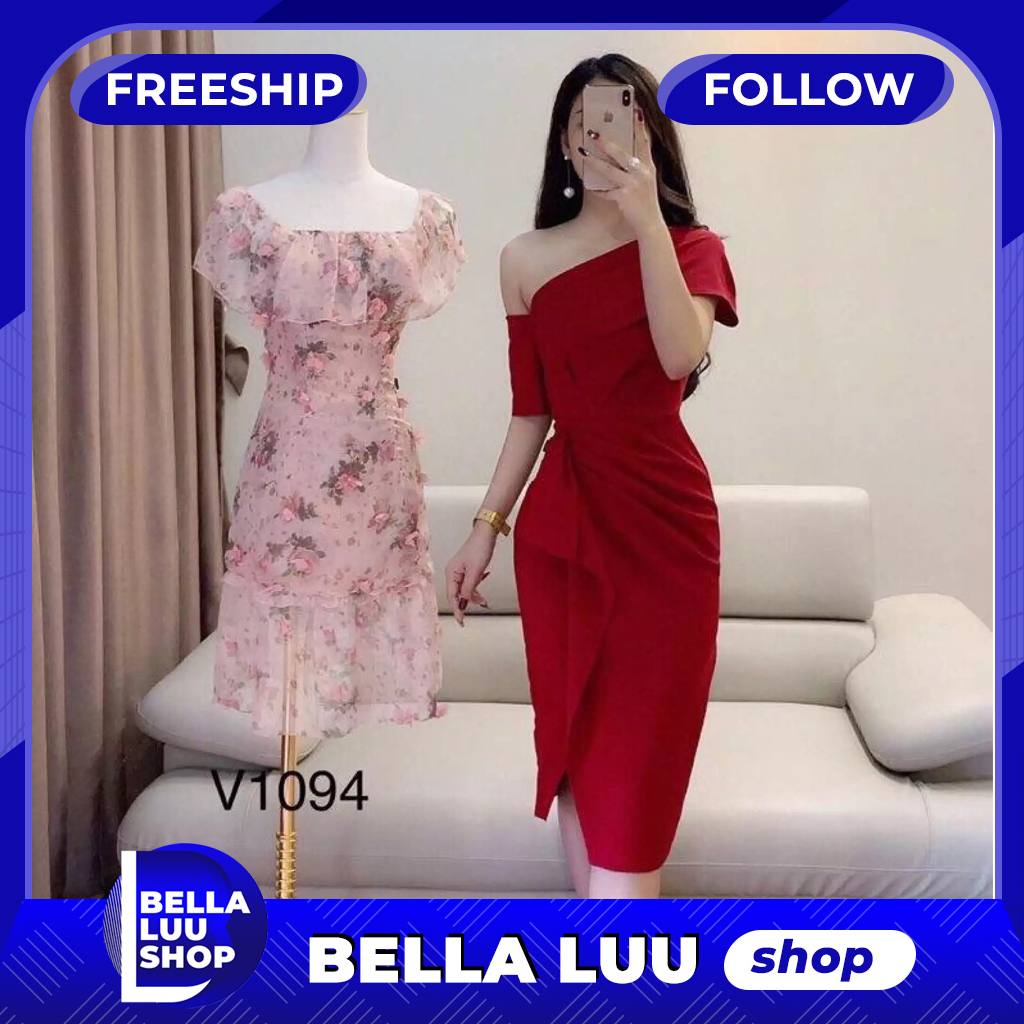 Đầm nữ dự tiệc lệch vai xếp bèo thời trang bella
