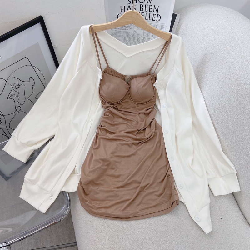 Set đầm nude 2 dây cúp ngực + khoác cardigan
