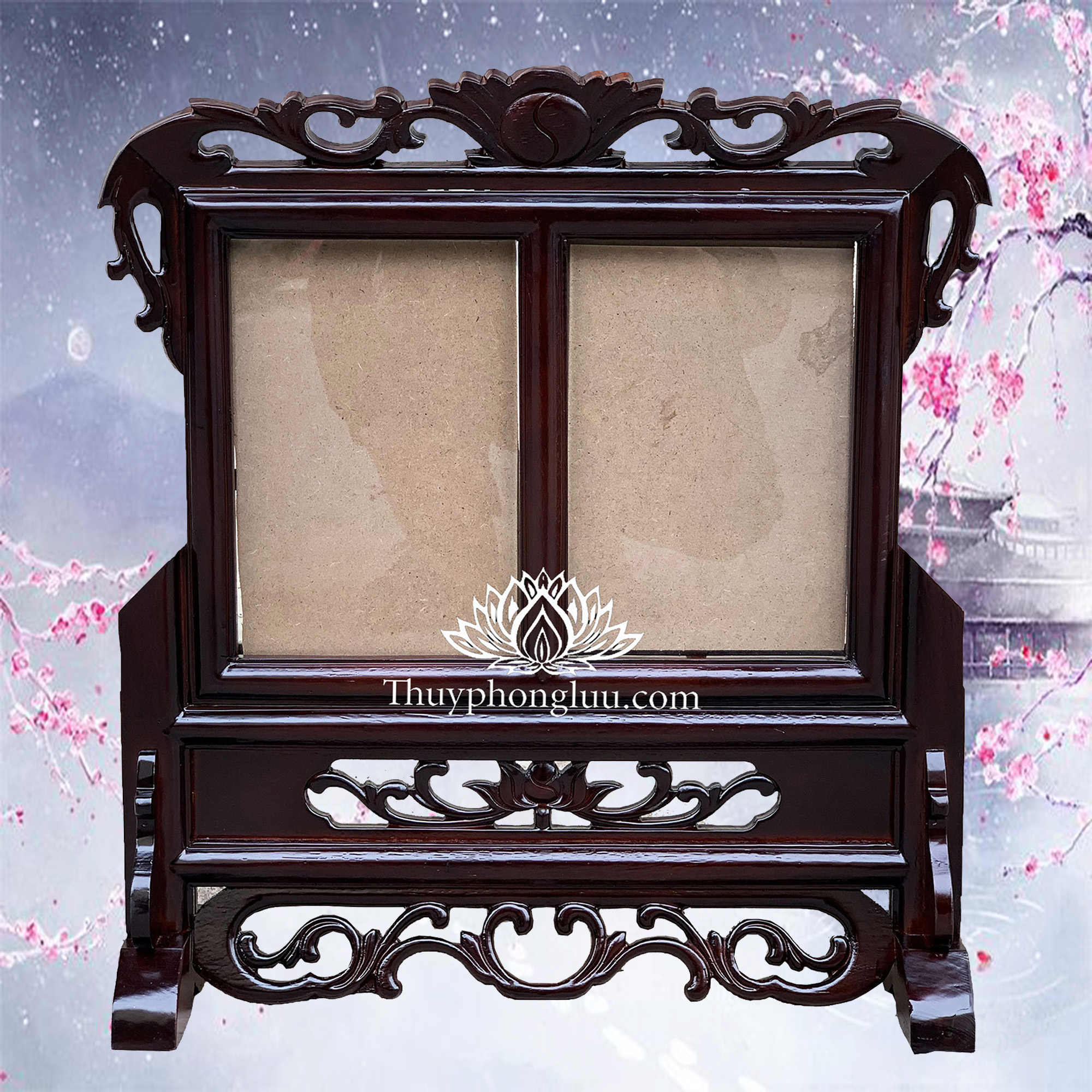 Khung ảnh thờ đôi,khung hình thờ 2 ảnh thờ hoa sen gỗ hương