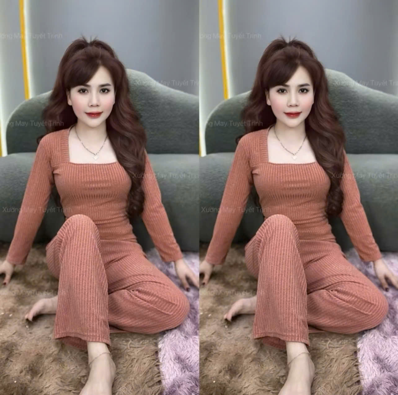  Set đồ bộ Cổ Vuông Tay Dài Quần Suông chất vải thun gân đũa lạnh co dãn dày dặn quần có túi 