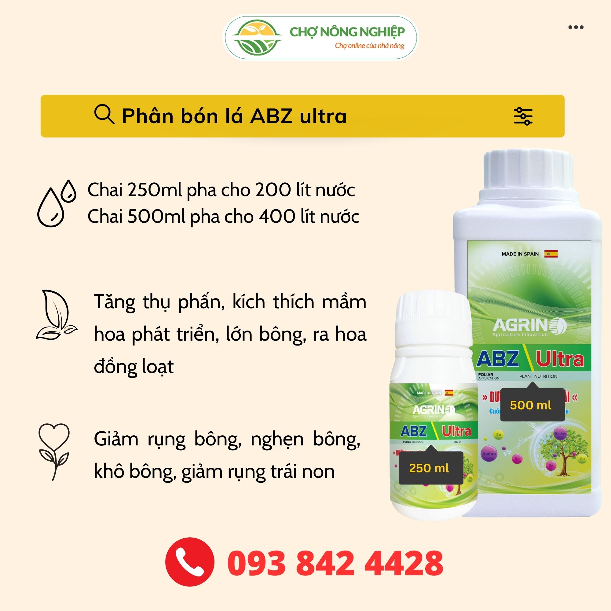 Phân bón lá siêu lân ABZ Ultra Agrino 250ml/ 500ml - Phân bón nhập khẩu Tây Ban Nha, Bo và Kẽm giúp kích tạo mầm hoa