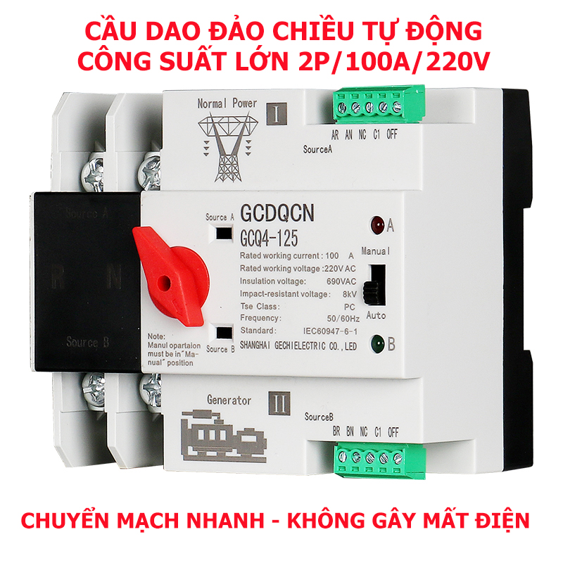 [MẪU MỚI] Bộ chuyển đổi nguồn điện tự động ATS 100A/2P/220V-GCQ4-GCDQCN cầu dao đảo chiều