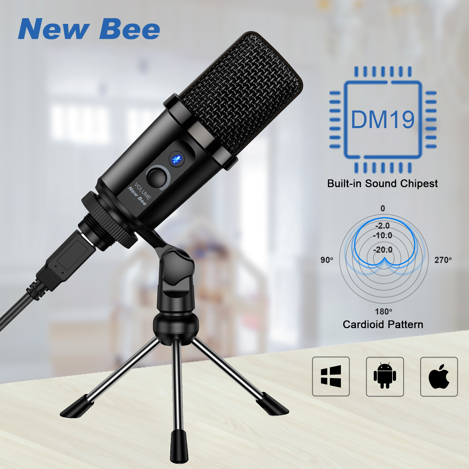 New Bee NB-DM19 Micrô USB Máy tính có mic có chân đế Cắm và chạy Âm lượng có thể điều chỉnh cho Máy tính xách tay, Mac, Zoom, Skype, Youtube Microphone PC USB Microphone