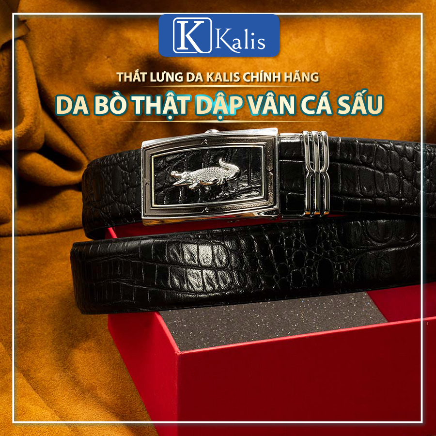 Thắt lưng da bò thật nam dập vân lưng cá sấu cao cấp KALIS chính hãng Full hộp dây nịt thắt lưng da nam cá sấu thật cao cấp hàng hiệu.