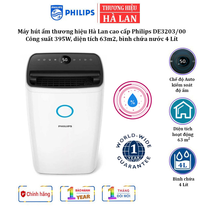 Máy hút ẩm philips de3203/00 công suất 395w, zbình chứa nước dung tích 4 lít, diện tích áp dụng 63m2 - hàng nhập khẩu hà lan