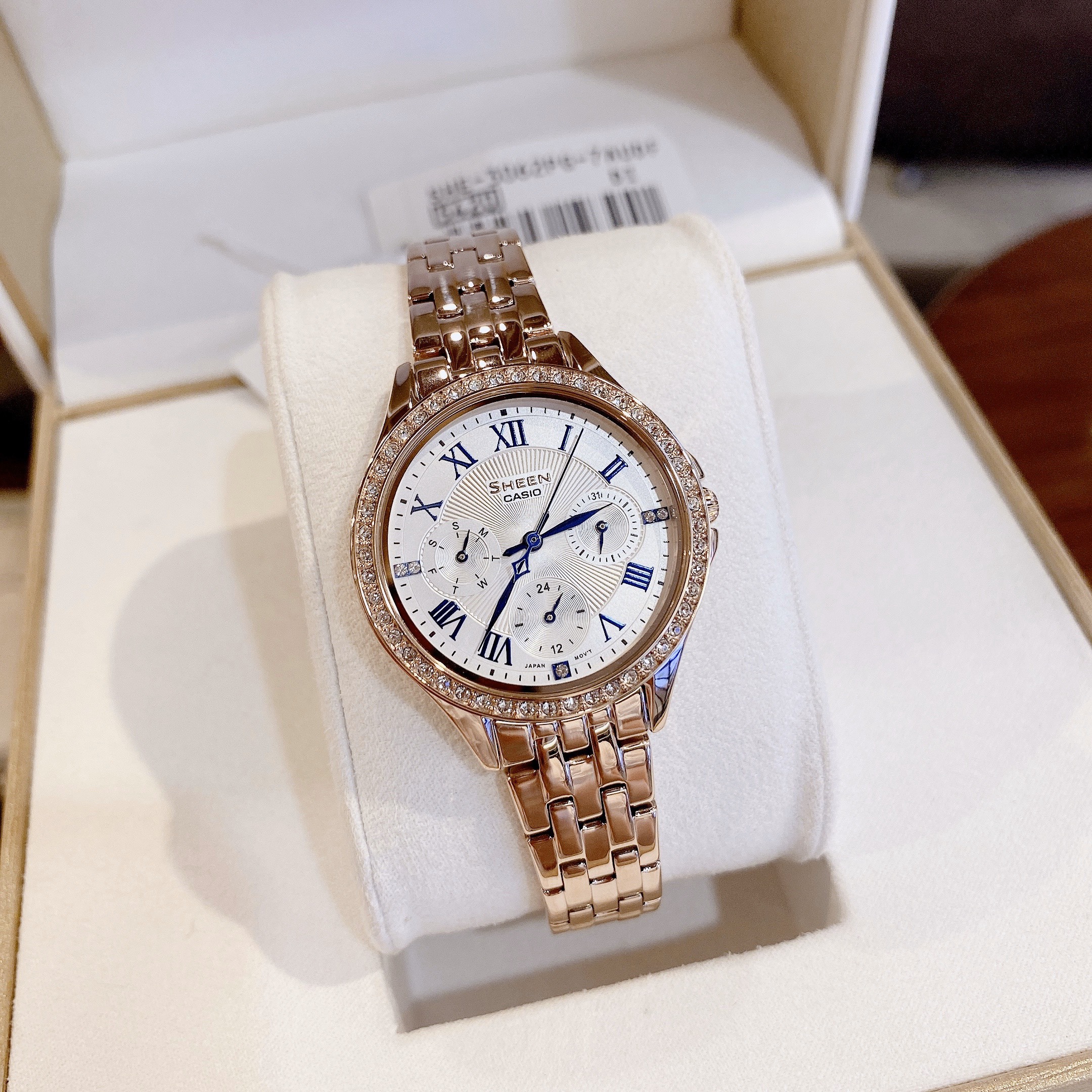 Đồng hồ nữ dây thép hồng casio sheen she-3062pg-7audf mặt trắng fullbox chính hãng bảo hành 1 năm