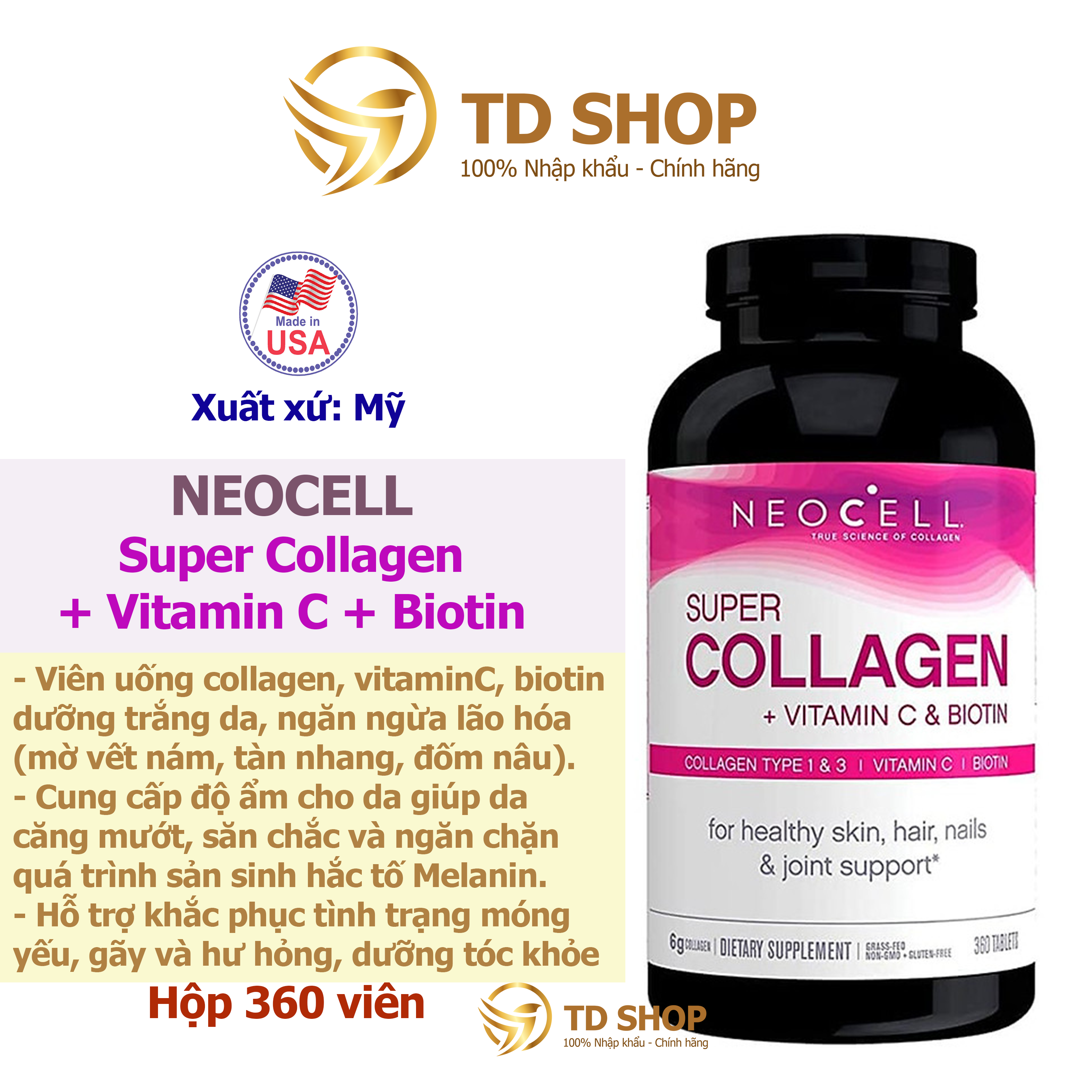 Viên uống super collagen neocell +c 6000 mg type 1 - 3 neocell 360 viên - td shop