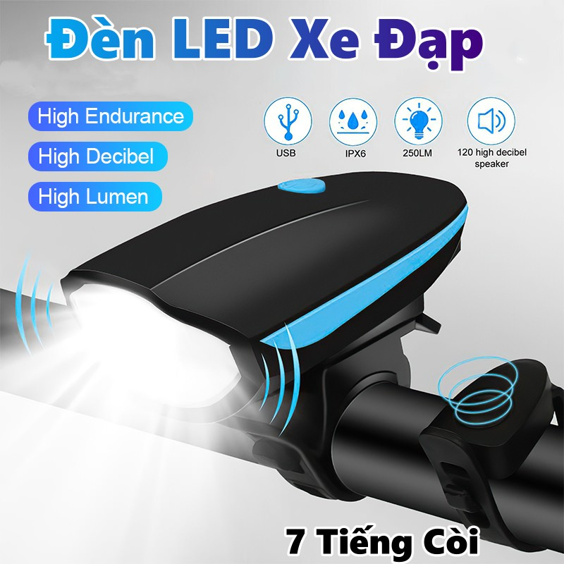 Đèn xe đạp siêu sáng chống nước, có còi pin sạc usb Led T6, đèn trước xe đạp 5 chế độ có còi to