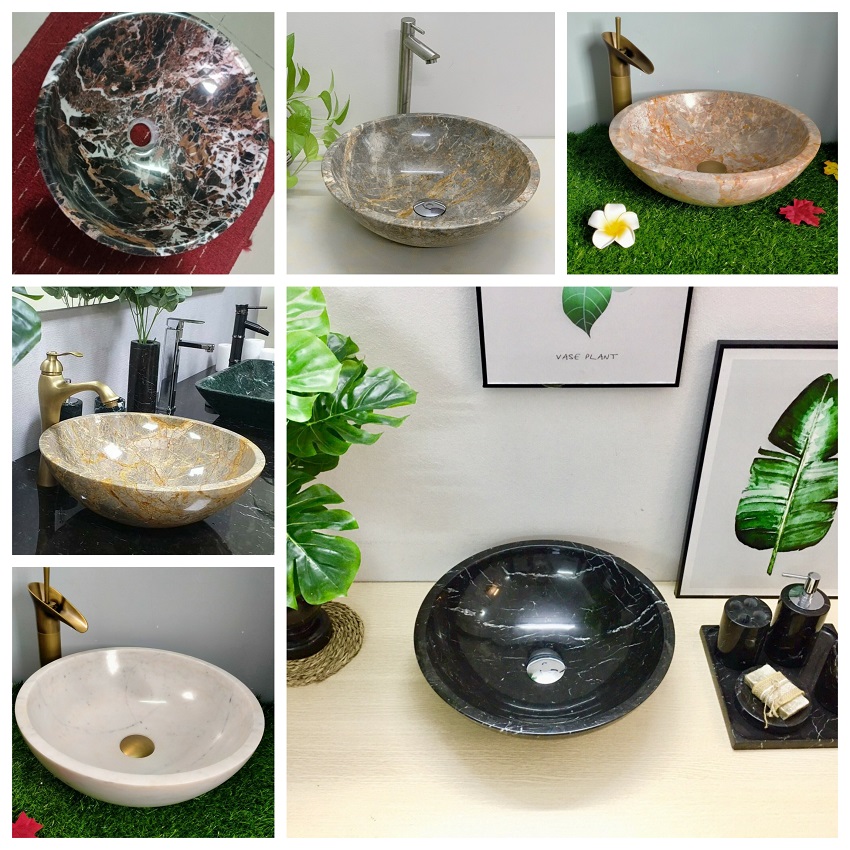 Chậu đá lavabo kiểu bát với vật liệu đá tự nhiên phù hợp với kiến trúc tự nhiên và ngoài trời