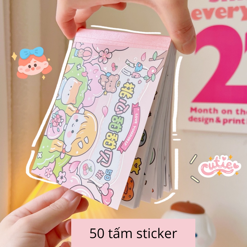 Sổ 50 tấm sticker cắt dán hình dán trang trí sổ lưu niệm đồ vật đáng yêu