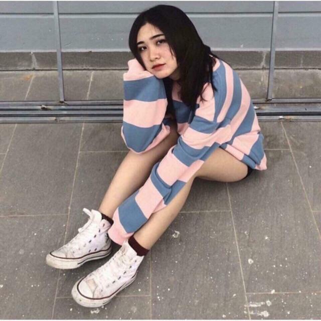 Áo sweater nam nữ kẻ xanh hồng thời trang