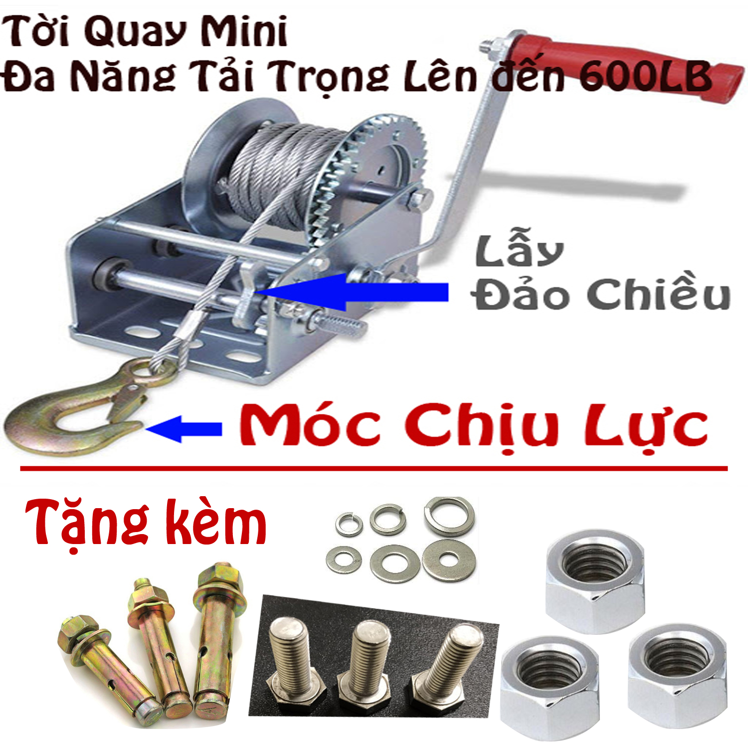 TỜI QUAY TAY MINI CHỊU TẢI 275kg CHỊU LỰC 600LBS dây cáp phi 4 dài 8 mét