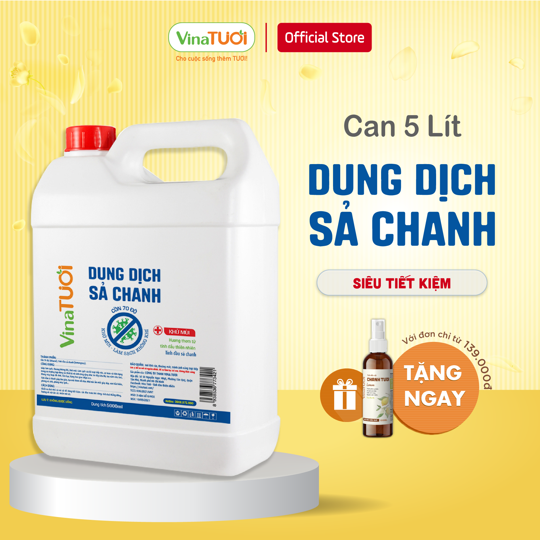 Dung dịch tinh dầu sả chanh nguyên chất vina tươi 5 lít chiết rót chai xịt khử mùi, đuổi côn trùng