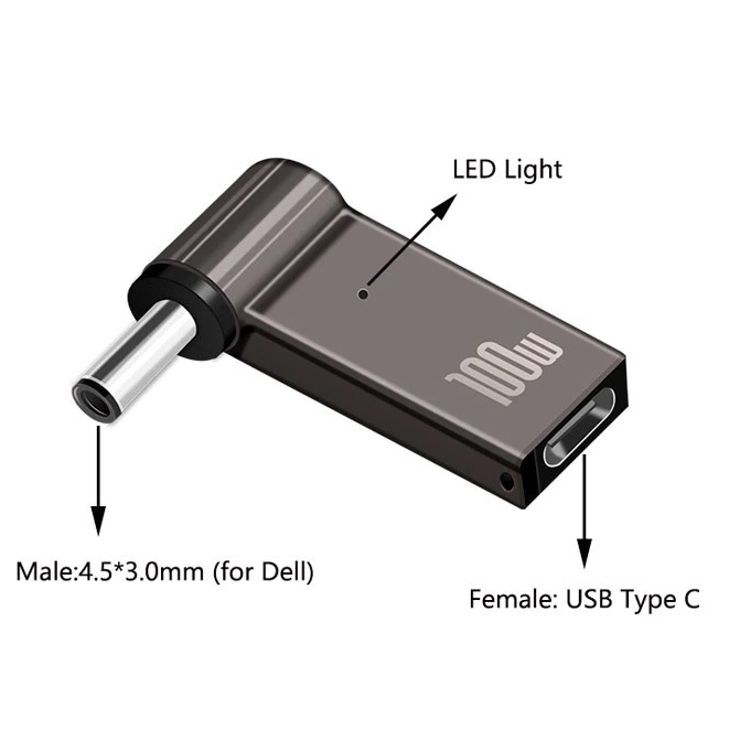 Đầu sạc PD 100W chuyển đổi cổng USB Type C sang nguồn điện DC 4.5x3.0mm / 4.5*3.0mm chuyên dụng cho laptop Dell HP MSI