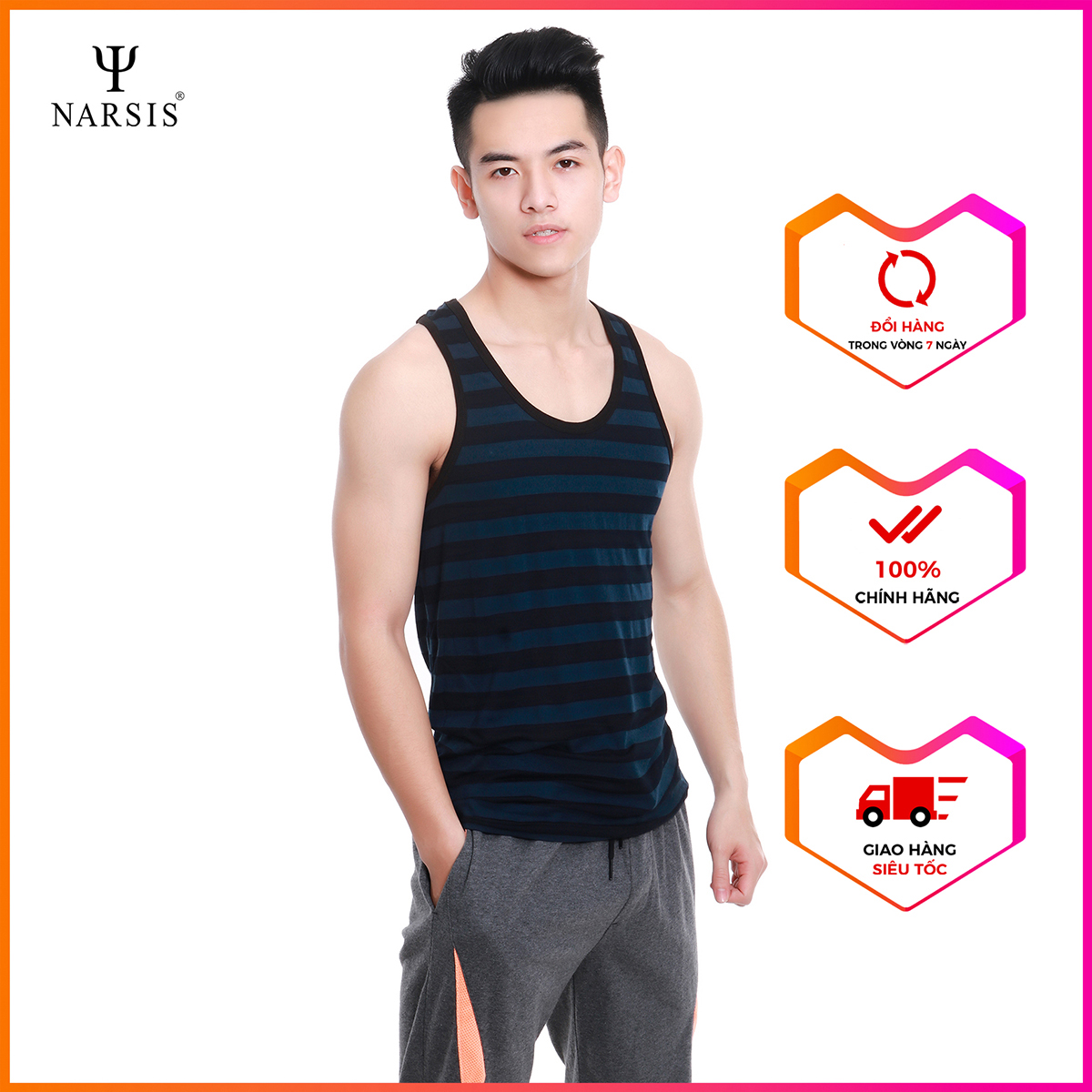 Áo thun nam narsis nms1250 màu kẻ xanh đậm