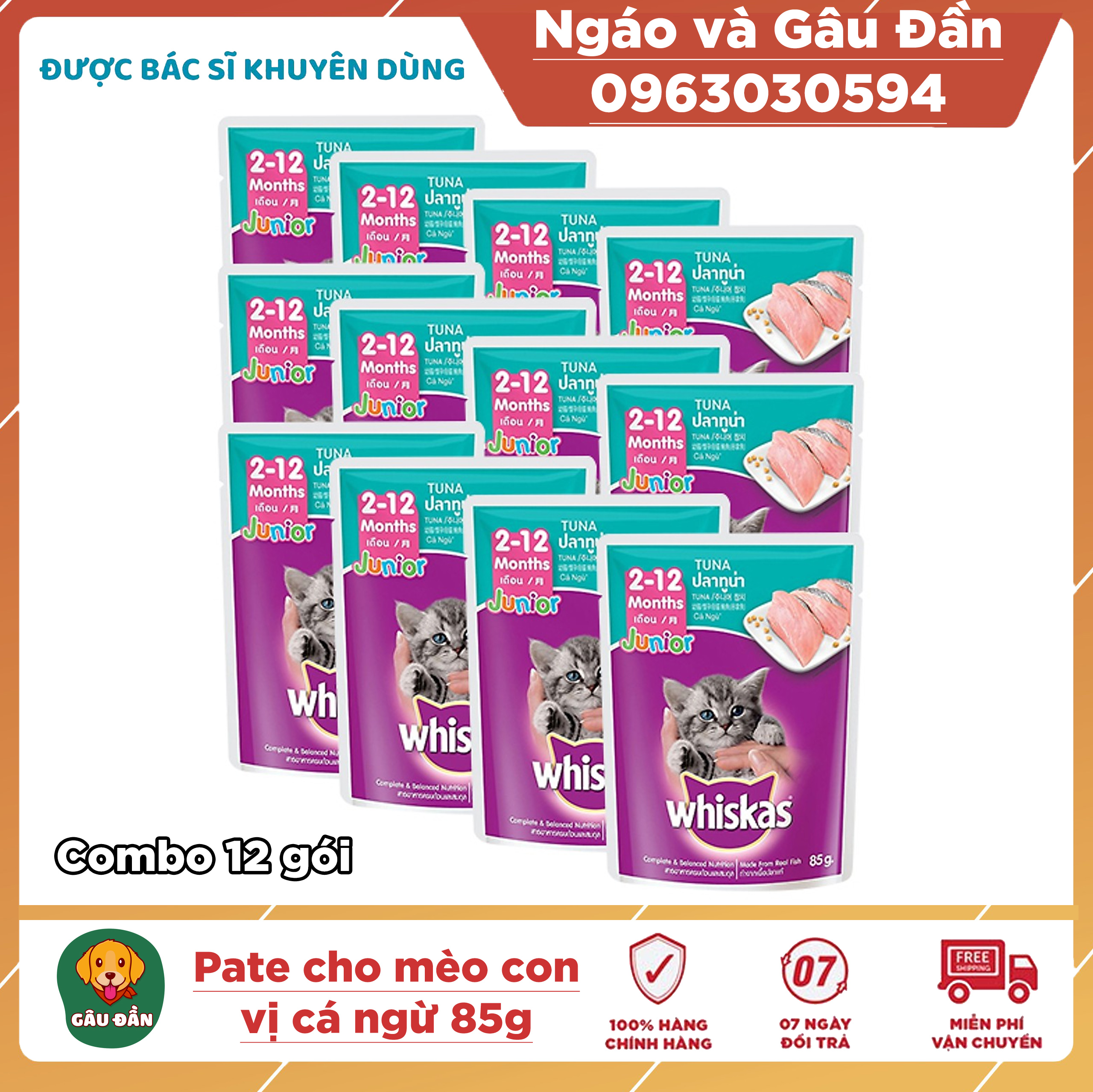 Combo 12 gói Thức ăn Pate Whiskas cho mèo con 2-12 tháng 85gr Vị Cá ngừ - Thức ăn cho mèo con Pate whiskas Junior
