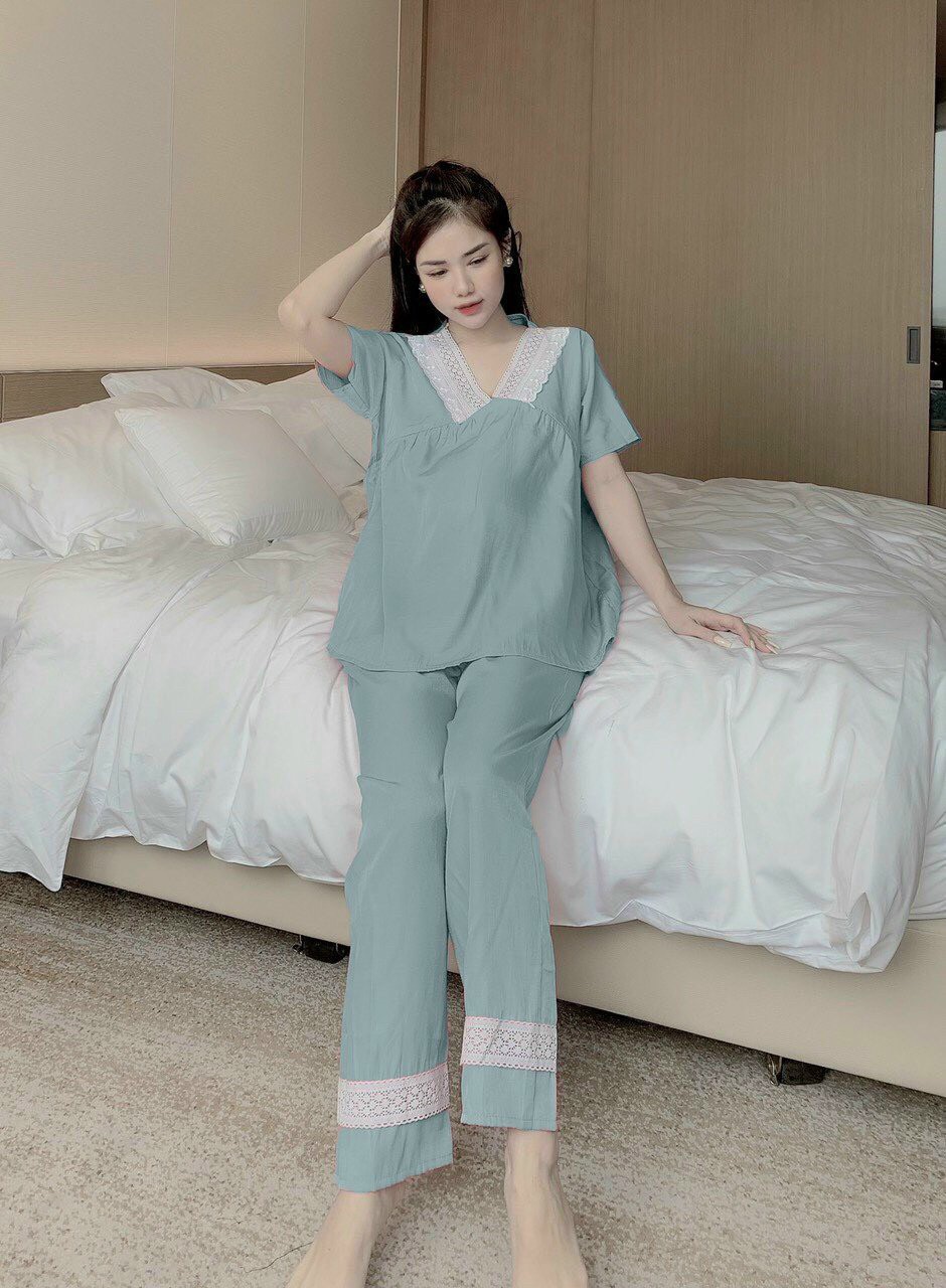 Đồ bộ bầu áo NGẮN tay quần DÀI ♥ bộ sau sinh ĐŨI LỤA mềm mát, ĐẸP RẺ có khóa ti tiện lợi cho mẹ Bầu