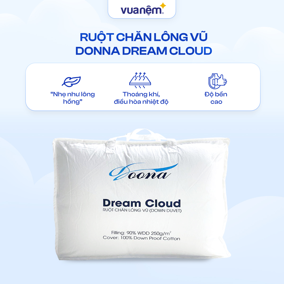 Ruột chăn lông vũ tự nhiên Doona Dream Cloud 90% lông nhung, siêu nhẹ, thoáng khí, cực kì êm ái