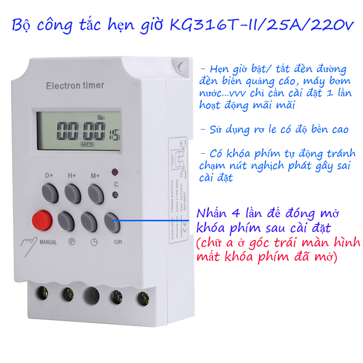 Timer hẹn giờ điện tử KG316 T-II Công suất 25A công tắc hẹn giờ bật tắt điện tự động